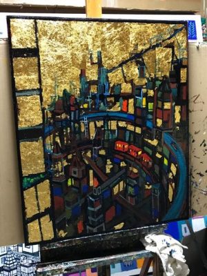 まもなく完成です！描きかけの絵/ゴールドタウン  72x60cm  油彩xキャンバス　2017 ・フォルテック／展示販売いたします。
