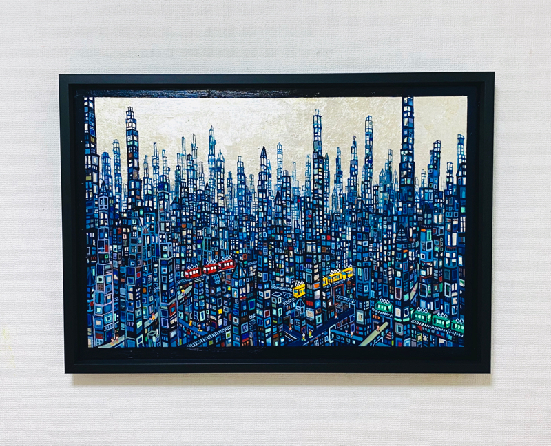 NEW | 青のまち | 油彩 x 木製パネル | 53 x 72 cm | 2020 #現代アート