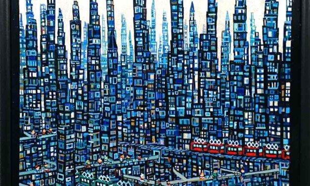 ON SALE | 青のまち | 油彩 x 木製パネル | 38 x 45cm | 2025 #現代アート #tagboat